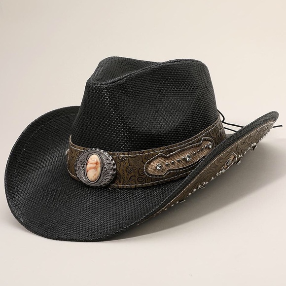 Black Stone Stud Leather Band Ornate Brim Western Straw Hat main image 5